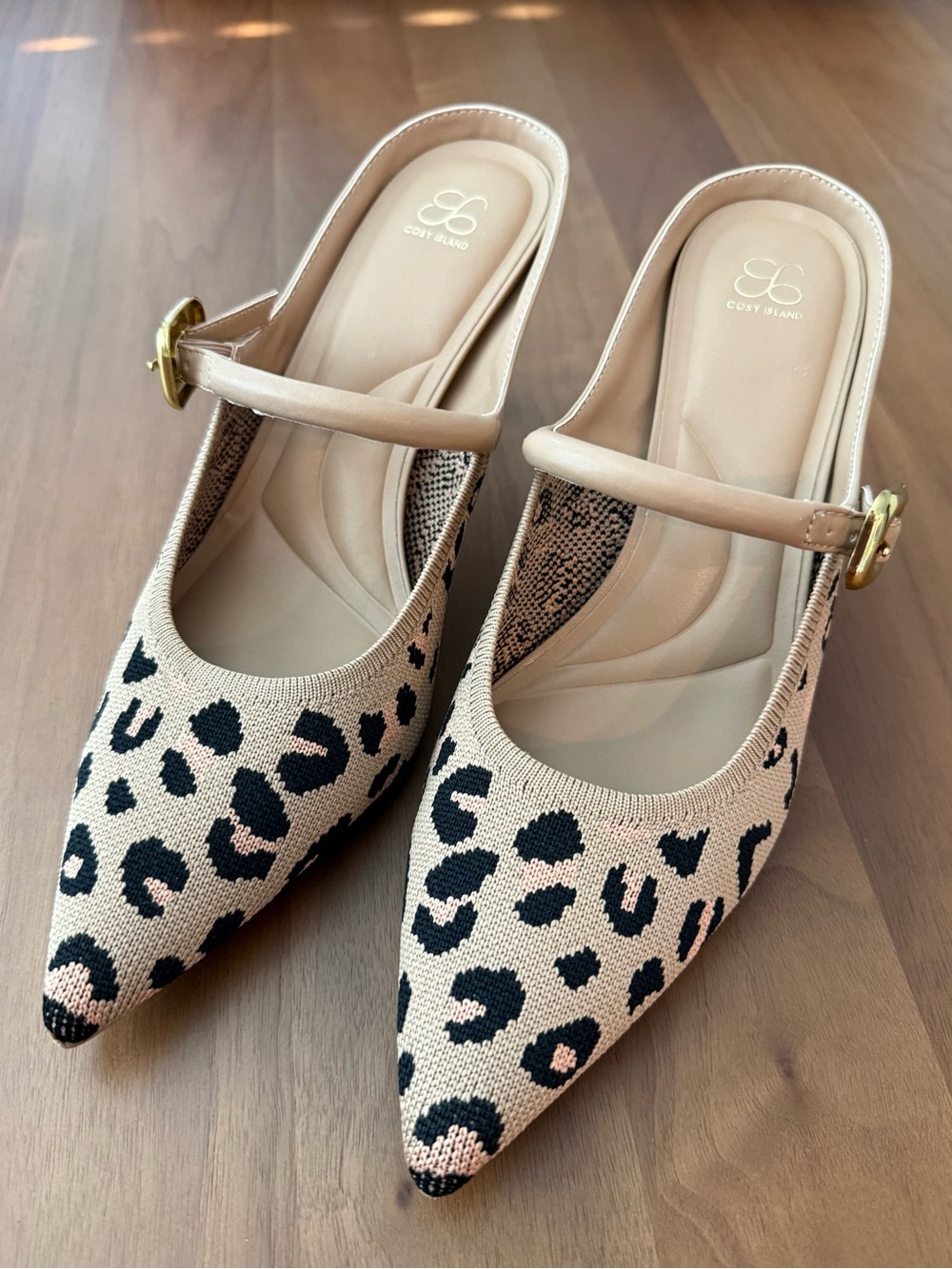Women's Beige Leopard Knit Pointed Mule Heels